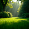 Saftig grüner, perfekt gepflegter Rasen in sonniger Gartenlandschaft, umweltfreundliche Pflege.